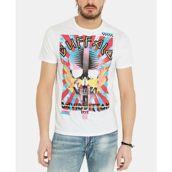 DAVID BITTON: BUFFALO, Men's White Graphic Tee w/ Neon Skull Graphic - Picture 1 of 4